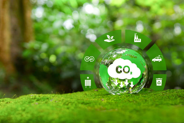 炭素排出量の削減、カーボンニュートラルなコンセプト。温室効果ガスの排出を正味ゼロとする目標。カーボンフットプリントの削減コンセプト。緑色の背景にco2排出量削減目標記号。 - 脱炭素 ストックフォトと画像