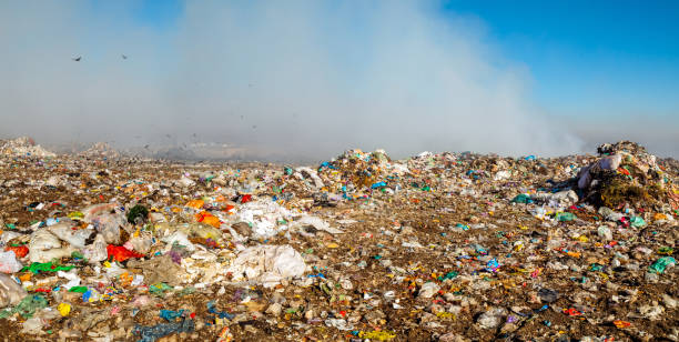 istock Panoramic view of burning trash piles in landfill 1441429757