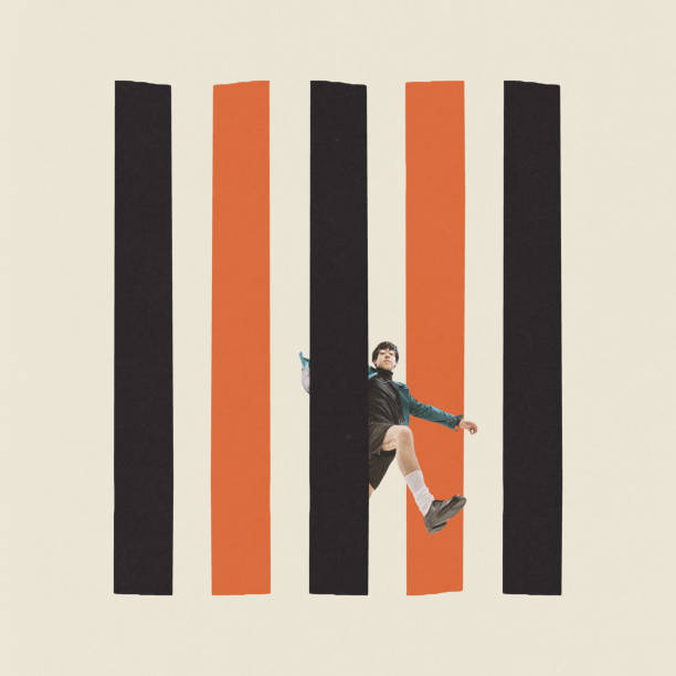 istock Contemporary art collage. Conceptual image. Young man overcoming difficulties. Breaking stereotypes and pressure 1441430482
