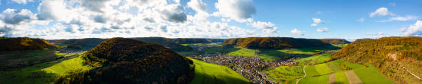 Aerial view onto hill landscape in autumn