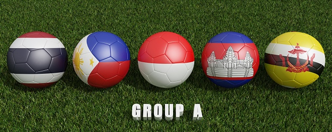 Footballs in flags colors on  green grass.  3d rendering