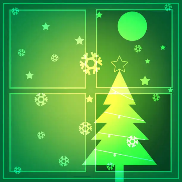 Vector illustration of christmas tree and frost look outside window with stars and moon