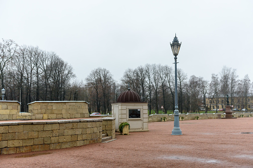 Russia, Gatchina, October 29, 2022: Rainy day. The square in front of the Gatchina Palace