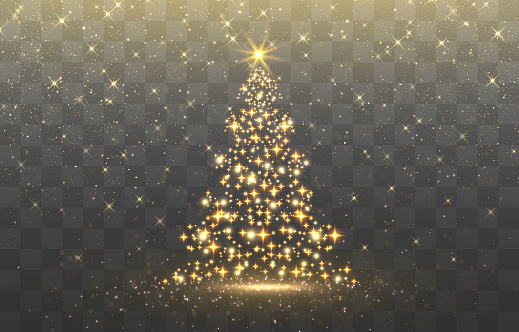 Shiny Christmas tree. Glitter gold particles shine effect on transparent background. Magical light dust, dusty shine. Vector glittering lights in the form of a Christmas tree with bright glowing particles.