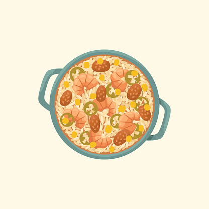 Vector illustration of the American dish - jambalaya. Kitchen for New Year and Christmas. Flat style.