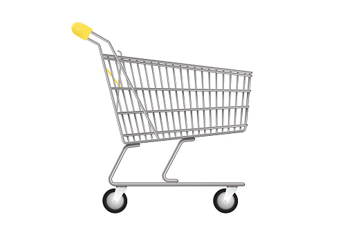 Metallic supermarket pushcart. Side view of realistic shopping cart or trolley. Empty classic cart. Vector illustration