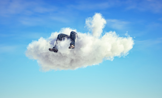 Man lays down on a cloud . Dreaming and aspiration concept. This is a 3d render illustration