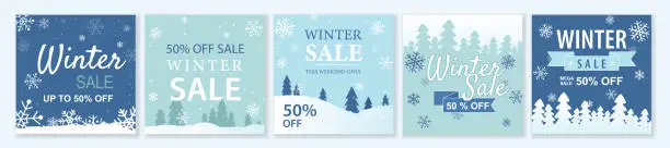 Vector illustration of Winter and Christmas Sale square template set for ads posts in social media.