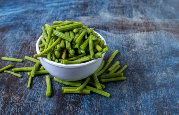 istock Closeup of Chopped Moringa Oleifera or Drumstick Tree Fruit in White Bowl Isolated on Bluish Background with Copy Space 1441440807