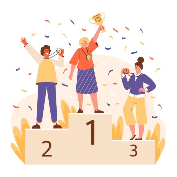 illustrations, cliparts, dessins animés et icônes de des gens heureux debout sur le piédestal ou le podium des gagnants, illustration vectorielle plate isolée sur fond blanc. - ranking rank number financial figures