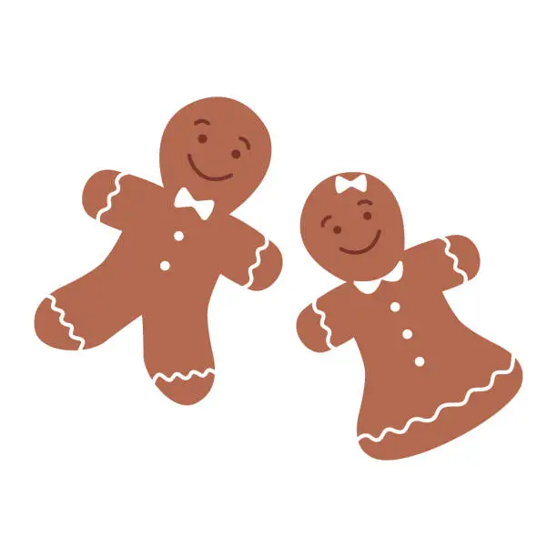 Vector illustration of A couple of gingerbread men cookies isolated on white background. Vector flat illustration for winter, holiday, Christmas, New Year