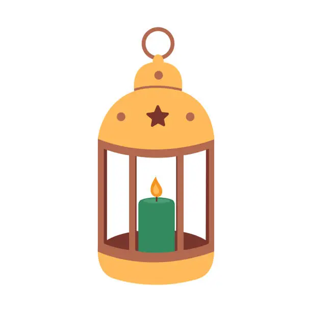 Vector illustration of Yellow and brown lantern with a green burning candle inside isolated on white background. Vector flat illustration