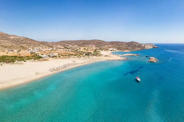 The famous sandy beach Manganari in Ios island, Greece