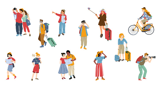 Tourists go sightseeing and take photos in travel. People with phones and maps, walk or riding bike in vacation trip. Friends, couples in journey tour Line art flat vector illustration, isolated set