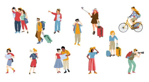 Vector illustration of Tourists go sightseeing and take photos in travel