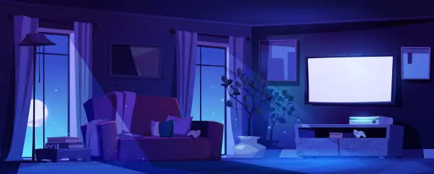 Vector illustration of Night living room interior in moonlight, home