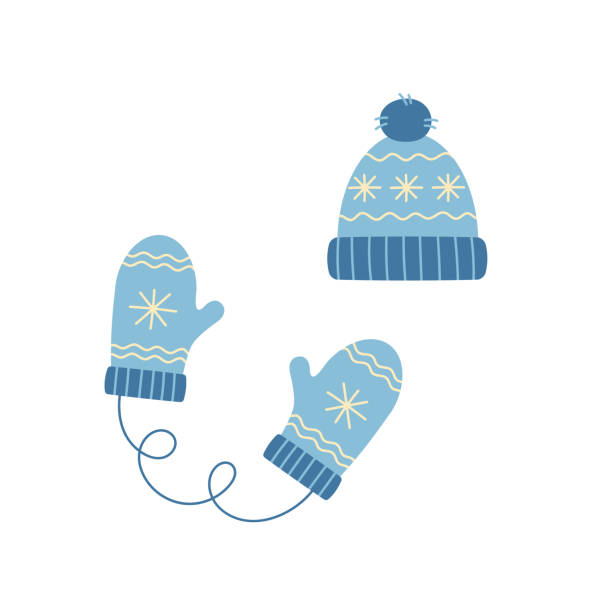 ilustraciones, imágenes clip art, dibujos animados e iconos de stock de sombrero azul de invierno y mitones. gorro de lana tejido con pompón. - mitón