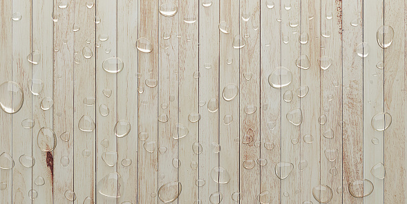 water droplets on planks rain water on wooden grain floor after rain background texture 3D illustration