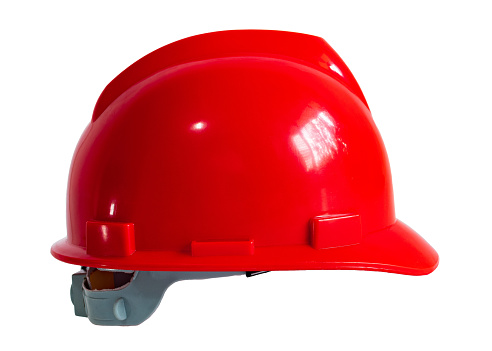 Red safety helmet, isolated on blank background.