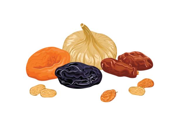 Dried fruits pile isolated on white. Dates fruit, prunes, raisin, apricot and fig. Vector cartoon food illustration. Dried fruits pile isolated on white. Dates fruit, prunes, raisin, apricot and fig. Vector cartoon food illustration. dried fruit stock illustrations