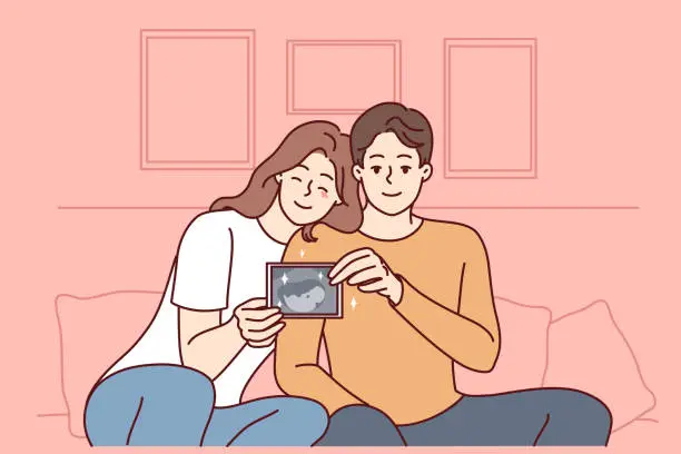 Vector illustration of Smiling couple showing baby ultrasound