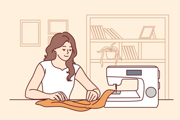 ilustrações de stock, clip art, desenhos animados e ícones de happy woman sewing on machine at home - needle craft sewing making