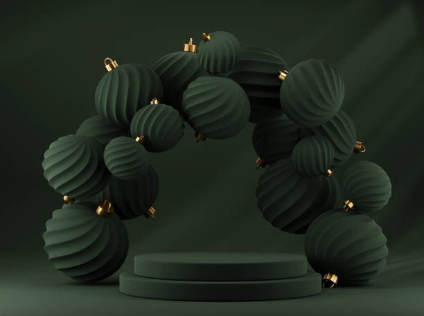 istock 3d Christmas green background with podium and decorative wreath frame 1441454579