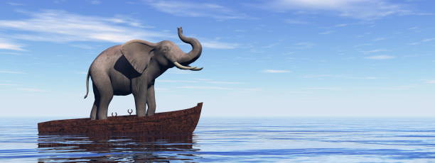 istock Elephant standing on a wooden boat - 3D render 1441454664