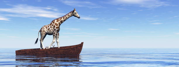 istock Giraffe standing on a wooden boat - 3D render 1441454686