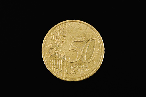 50 euro cent coin, close up view on a black background