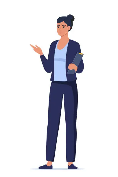 Vector illustration of Woman introduce, show and present something. Business speaker standing with clipboard and pointing direction, gesturing with arm. Female presenter. Vector illustration.