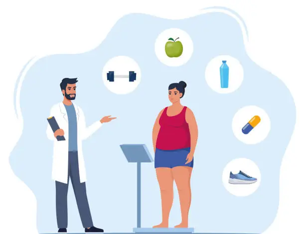 Vector illustration of Fat woman standing on weigh scales. Doctor explain about health and how to loose weight, Obese patient, fat control instruction, diabetes patient, control calories, sports. Vector illustration.