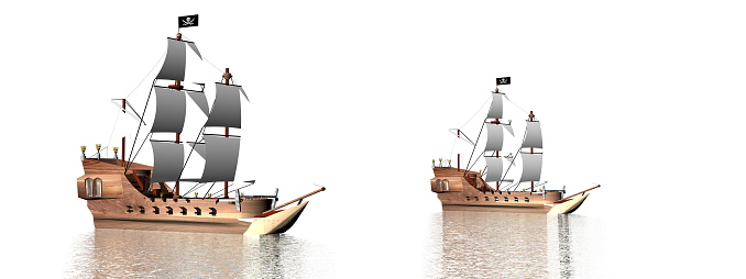 Two pirate ships on the water in white background - 3D render