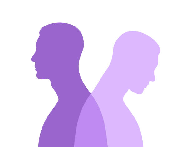 istock Purple male silhouette in profile with a translucent projection. Mental health concept. Duality and hidden emotions. Vector illustration 1441458352
