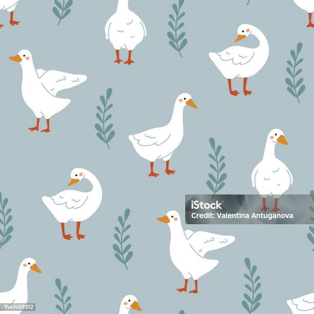 Goose Graph Pattern Trendy Pattern With Cute White Gooses And Leaves Seamless Scandinavian ...