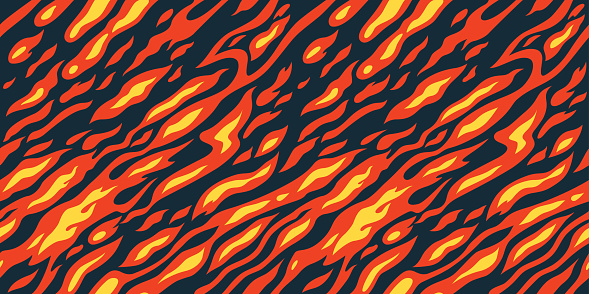 Orange and Yellow Flame on Dark Background. Vector Seamless Pattern. Cartoon Fire Texture. Abstract Background with Smoke and Flames.