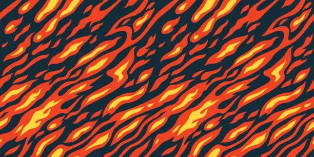 Vector illustration of Orange and Yellow Flame on Dark Background. Vector Seamless Pattern. Cartoon Fire Texture. Abstract Background with Smoke and Flames