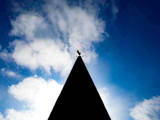 silueta profunda de una veleta encima de la aguja de una antigua iglesia. - roof roof tile rooster weather vane fotografías e imágenes de stock