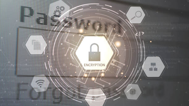 Encryption concept with a password-protected infographic.  Internet network safeguard antivirus defense. stock photo