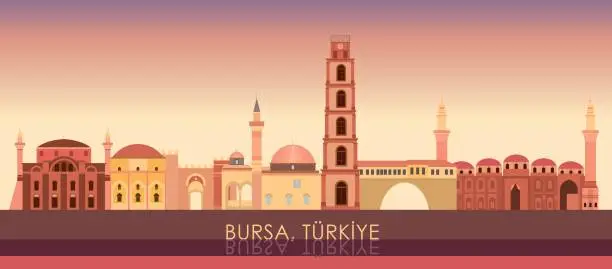 Vector illustration of Sunset Skyline panorama of city of Bursa, Turkiye