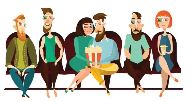 Vector illustration of People sit on cinema chair watching movie vector