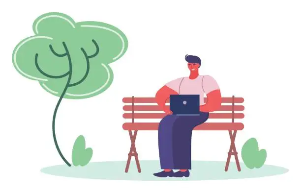 Vector illustration of Man with laptop work in park vector illustration