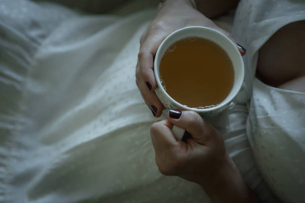 istock Pregnant woman drinks tea and rests on the couch 1441466341