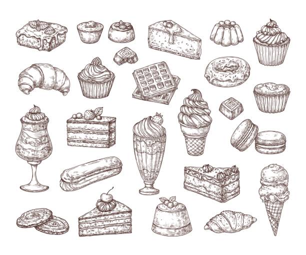 ビンテージスタイルのお菓子、デザート、焼き菓子、キャンディーのスケッチベクター画像セット。手描きのケーキ、チーズケーキ、ティラミス、ブラウニー。 - engraving old fashioned cake food点のイラスト素材／クリップアート素材／マンガ素材／アイコン素材