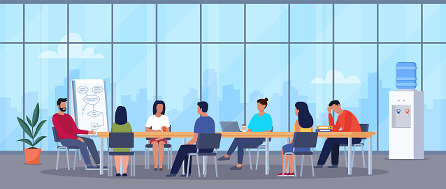 Teamwork brainstorming concept. Colleagues in the meeting room generate ideas for project. People meeting at desk in office. Vector illustration