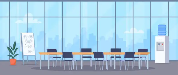 Vector illustration of Empty conference room with big window and cityscape behind it. Meeting room for team brainstorming. Vector illustration.