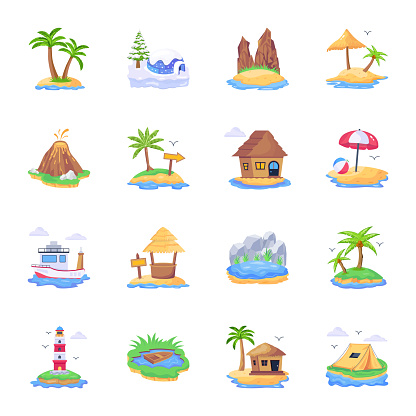 Add a soothing touch to your project with this island vector set. This collection depicts breathtaking views that are appealing and beautifully illustrate nature's beauty. In addition to having the ability to scale, flat designs provide you with the perfect graphics for creating apps, games, and other interactive projects. Give it a try, I hope you like it!