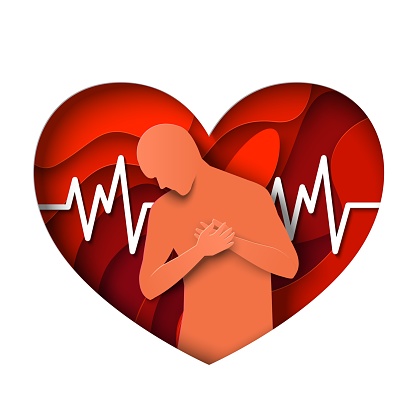 Man holding chest over heart attack symbol vector. Patient suffering from breast ache illustration. Cardiac problem, coronary disease. Paper cut origami craft art icon