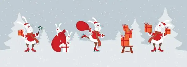 Vector illustration of Set, banner of cartoon bunnies, rabbits wearing santa claus clothes holding christmas gift bag, box, skating, making selfie on forest background. Editable horizontal christmas vector illustration