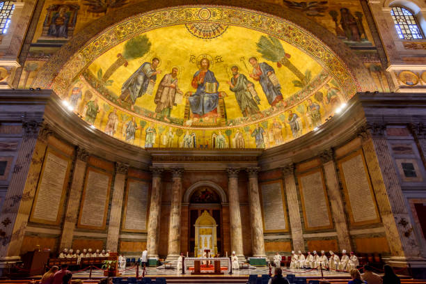 Rome, Italy - October 2022: Interiors of Basilica of Saint Paul outside the Walls Rome, Italy - October 2022: Interiors of Basilica of Saint Paul outside the Walls cardinal clergy stock pictures, royalty-free photos & images